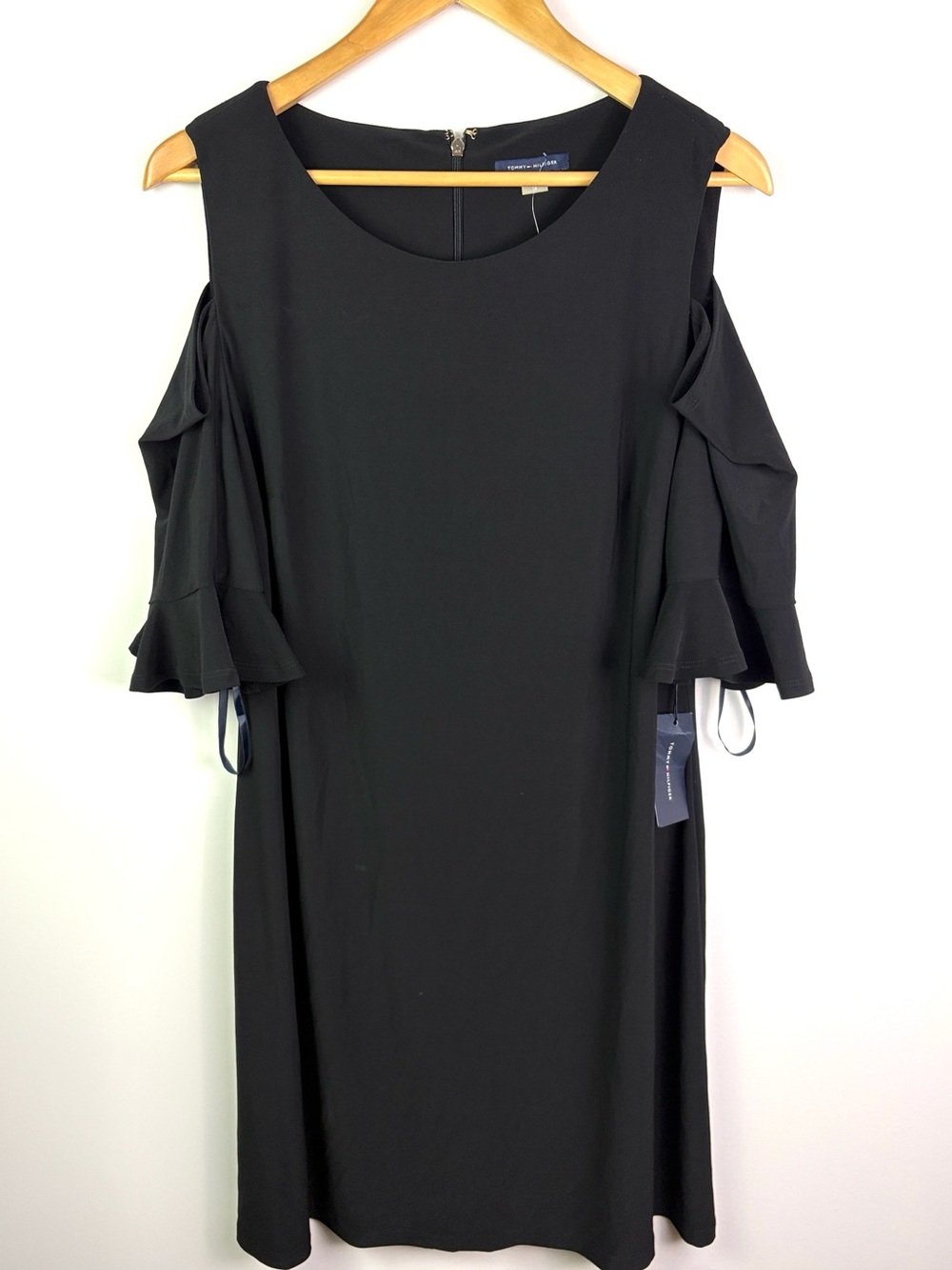 NWT Timmy Hilfiger Cold-Shoulder Black Dress with Ruffle Sleeves size 16